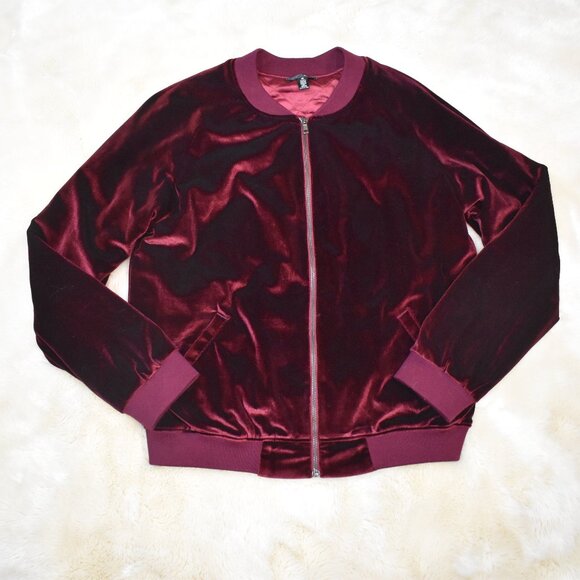 Aqua Burgundy Red Velvet Bomber Jacket Size Medium Full Zip Soft Retro Chic - Picture 3 of 10
